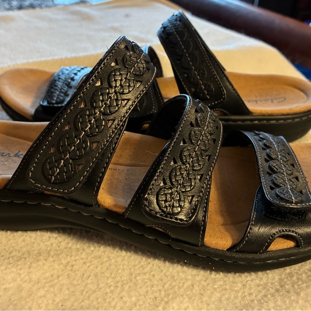 Clarks Laurieann Cove Black Leather Adjustable Strap Comfort Sandals Women’s 8.5